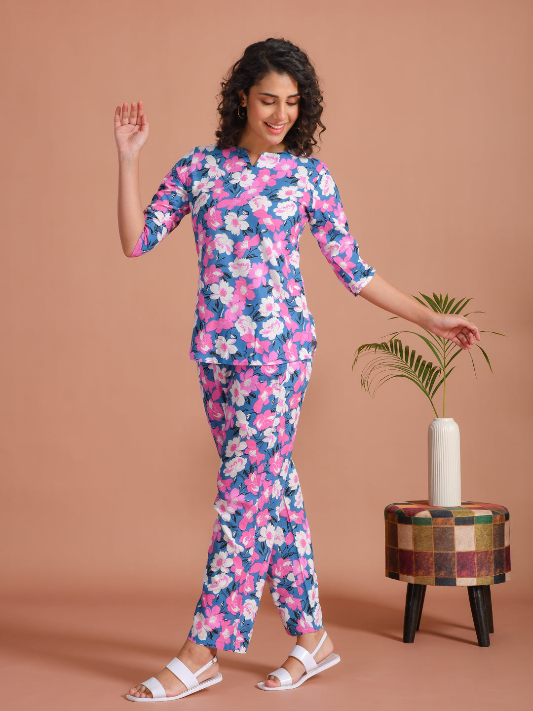 Multi Viscose Rayon Printed Round Neck night suit for women