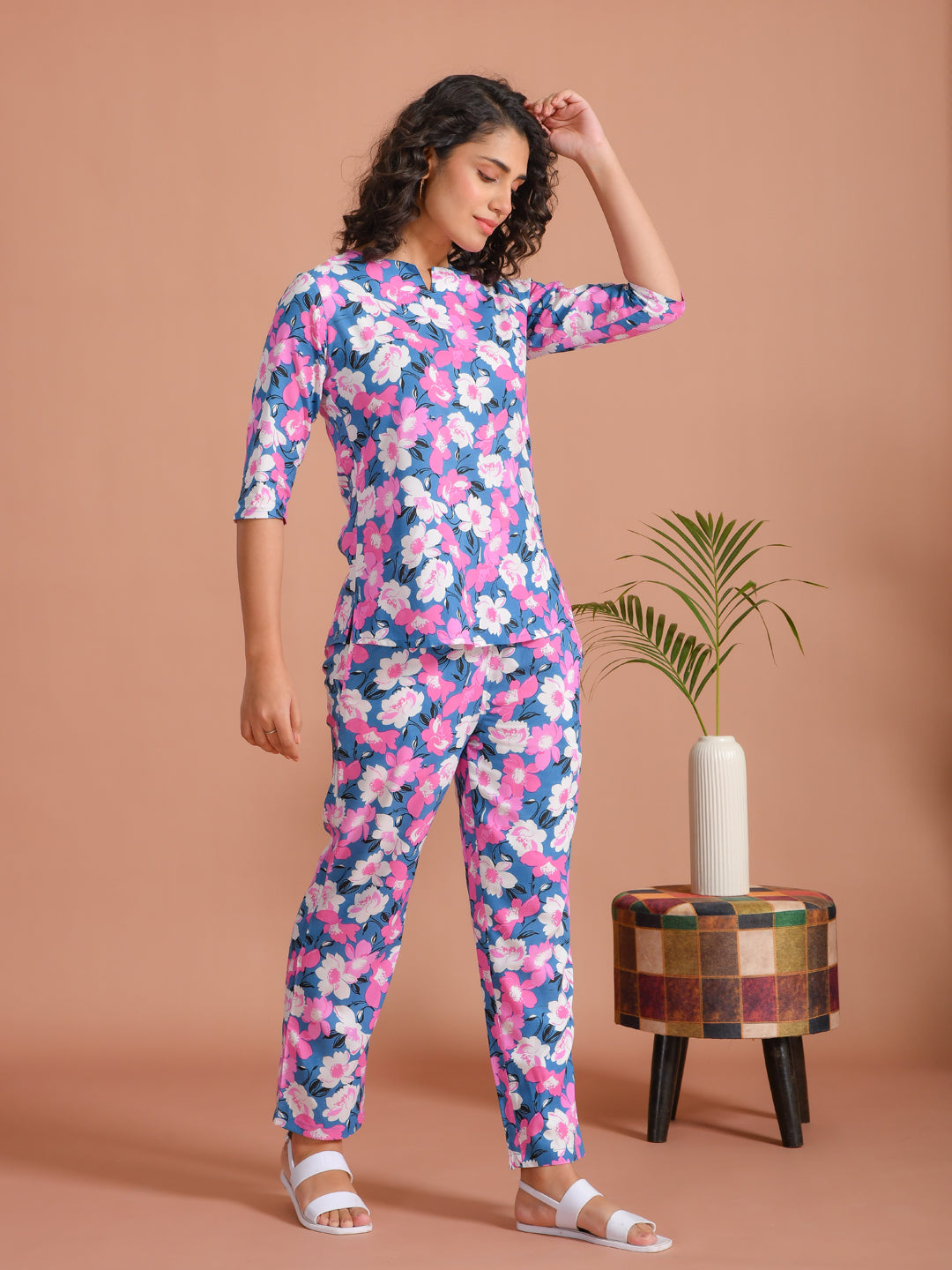 Multi Viscose Rayon Printed Round Neck night suit for women
