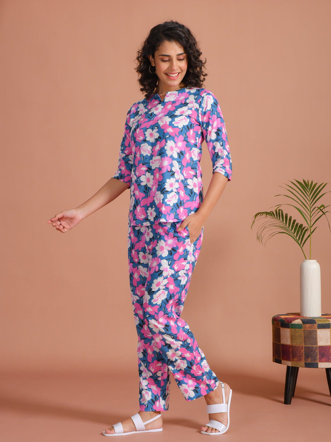 Multi Viscose Rayon Printed Round Neck night suit for women