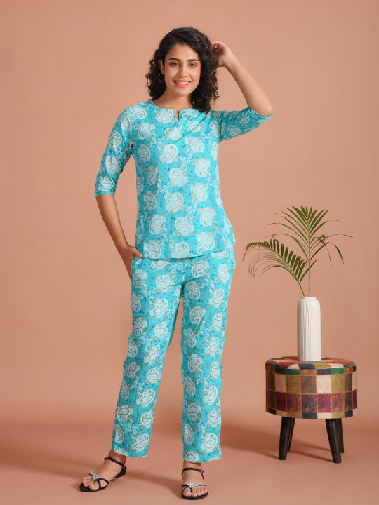 Turquoise Blue Printed Round Neck Night Suit