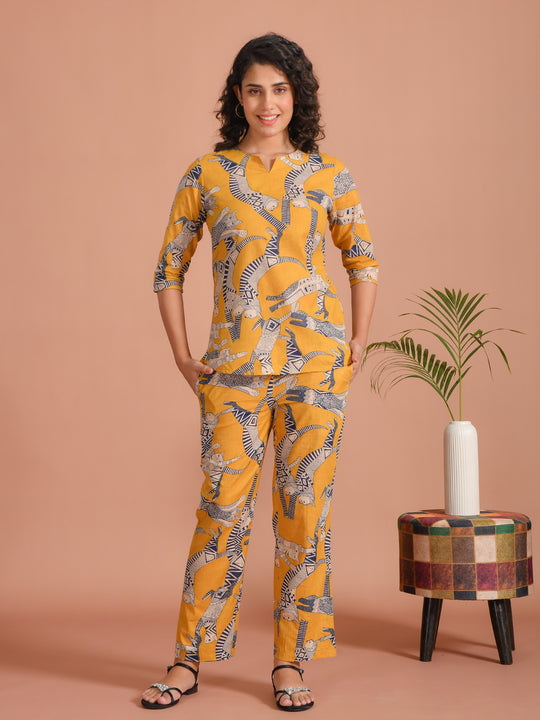 Yellow Pure Cotton Printed Round Neck night suit for women
