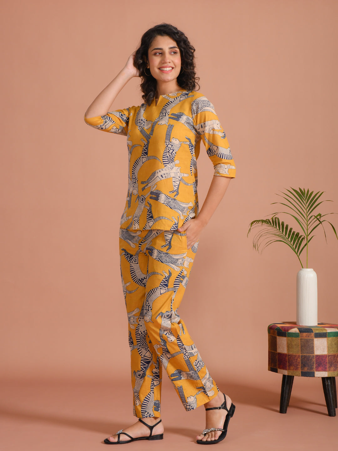 Yellow Pure Cotton Printed Round Neck night suit for women - SanskrutiHomes 