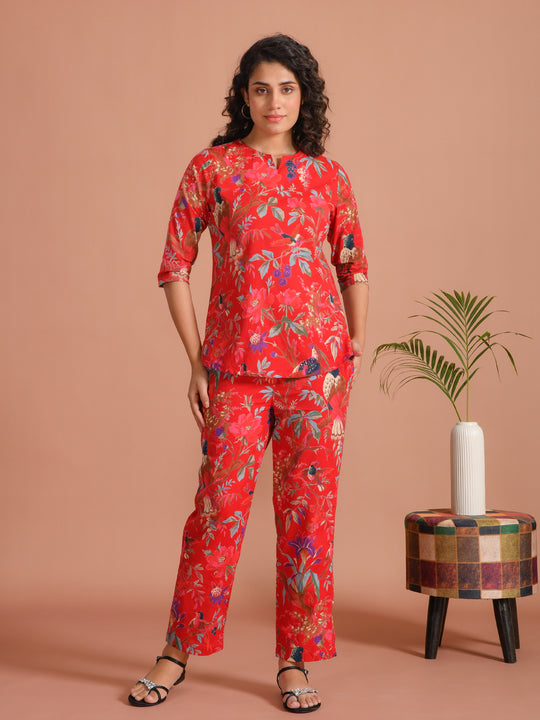Red Pure Cotton Printed Round Neck night suit for women