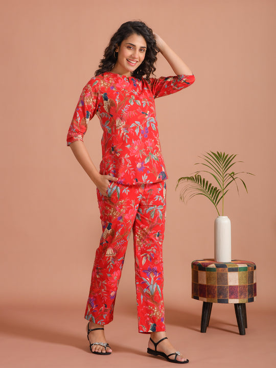 Red Pure Cotton Printed Round Neck night suit for women