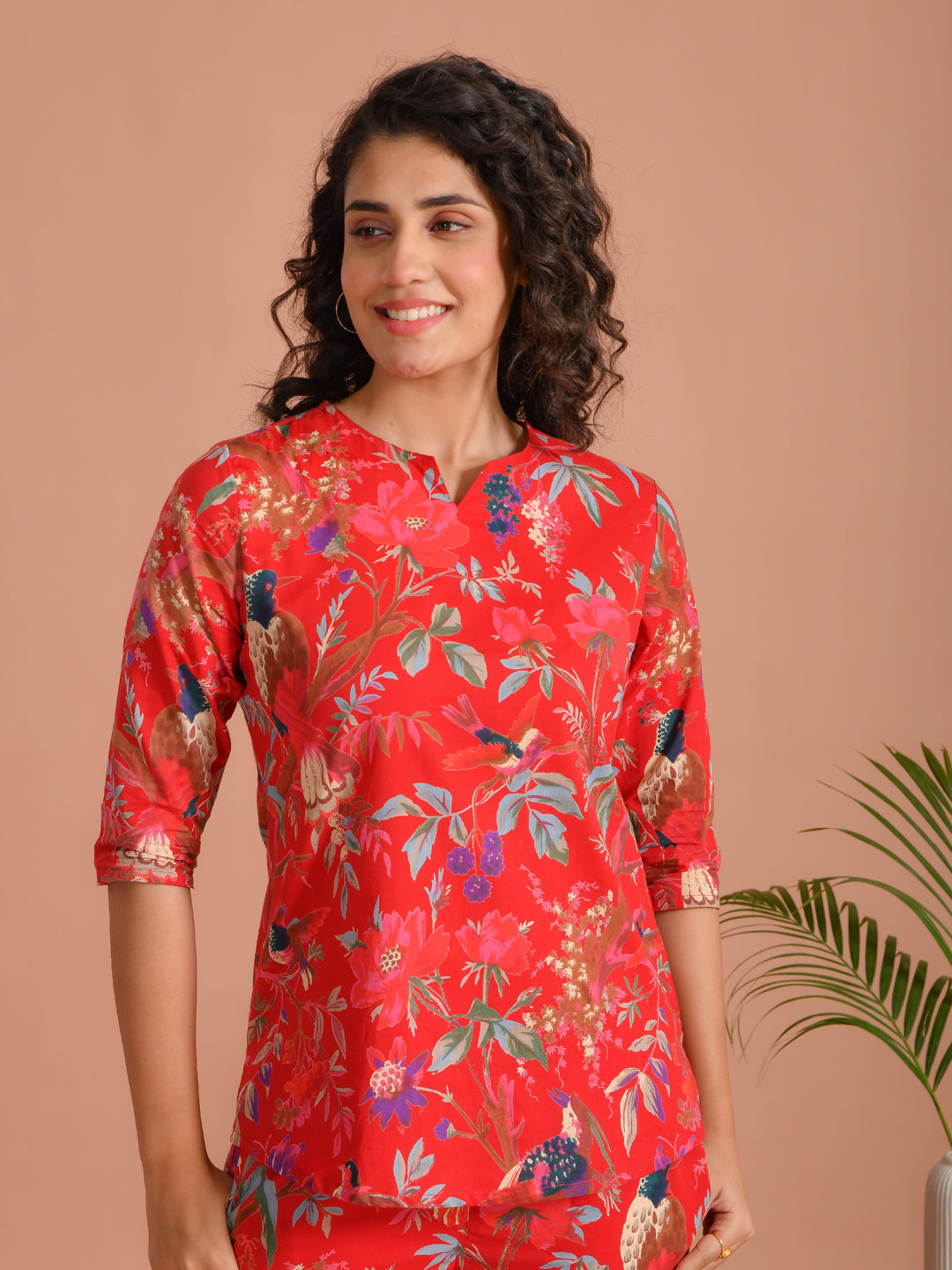 Red Pure Cotton Printed Round Neck night suit for women - SanskrutiHomes 