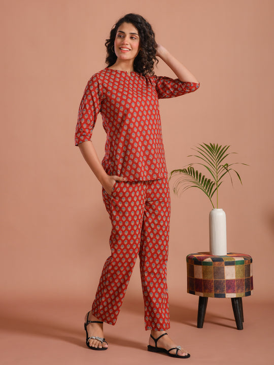 Red Floral Printed Cotton Night Suit Set