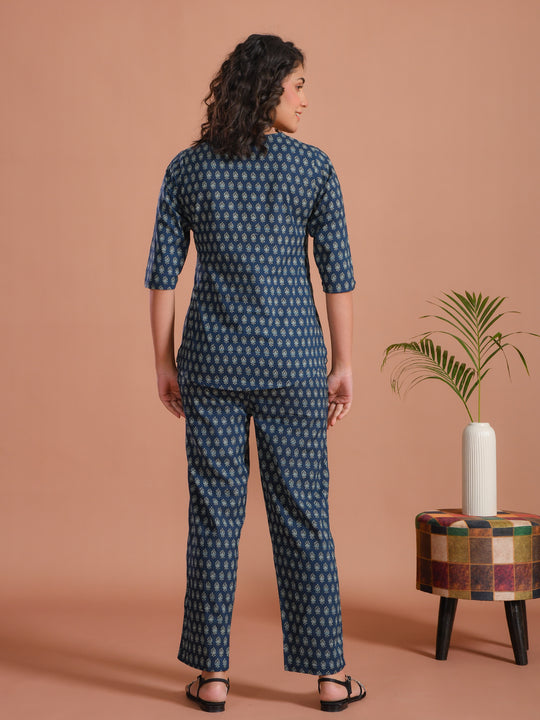 Blue Round Neck Flower Printed Cotton Night Suit