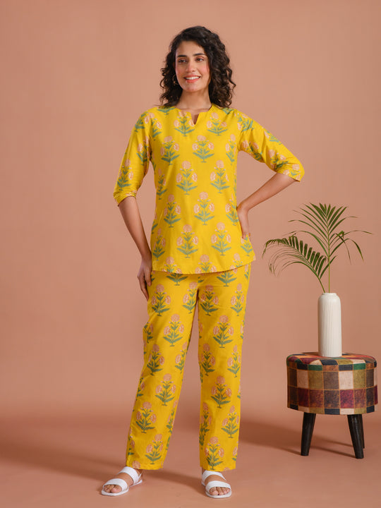 Yellow Flower Printed Cotton Night Suit for Women