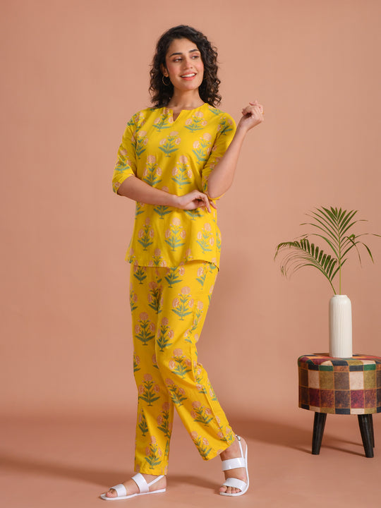 Yellow Flower Printed Cotton Night Suit for Women