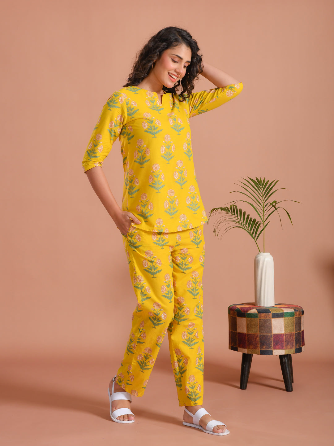 Yellow Flower Printed Cotton Night Suit for Women