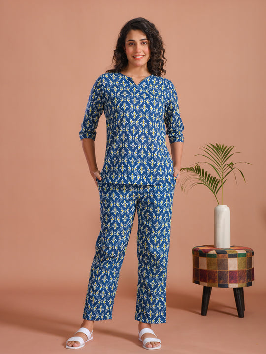 Blue Round Neck Floral Printed Cotton Night Suit