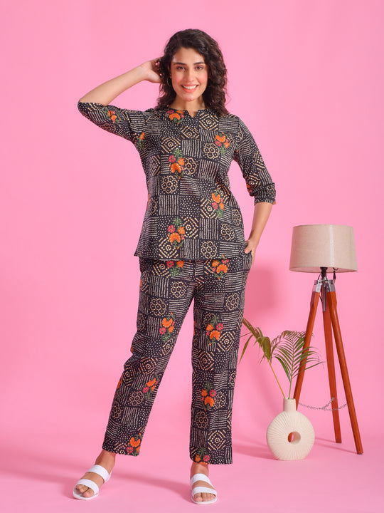 Black Flower Printed Cotton Night Suit Set