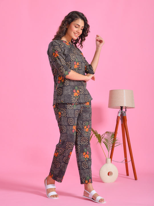 Black Flower Printed Cotton Night Suit Set