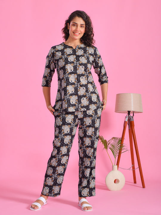 Blue Printed Round Neck Night Suit