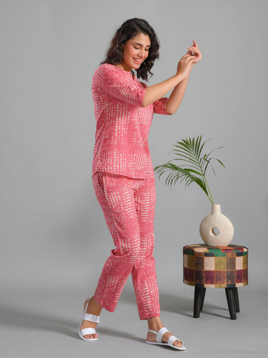Pink Stripes Printed Cotton Night Suit