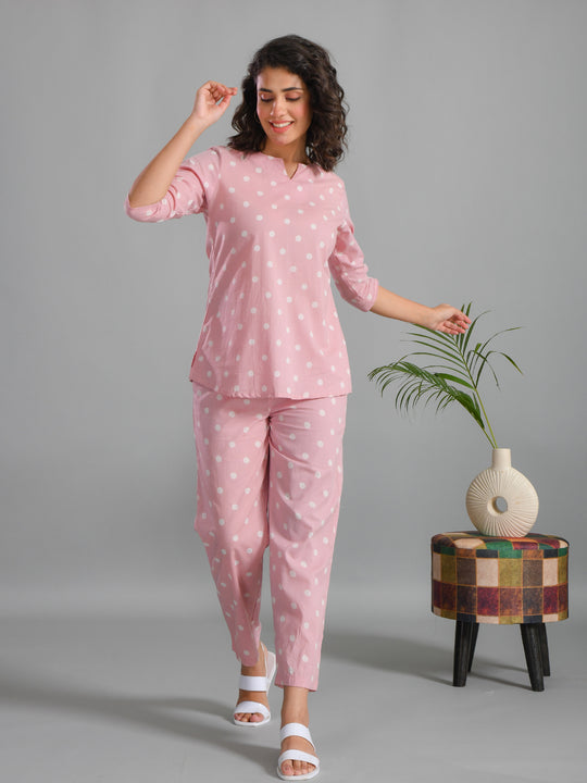Pink Plolka Dots Round Neck Night Suit