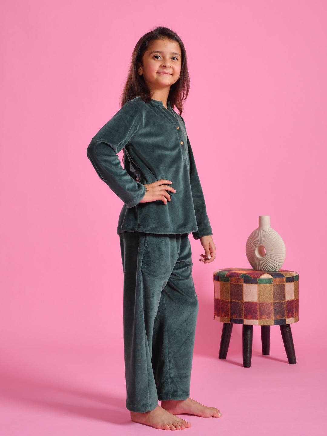 Green Velvet Round Neck Night Suit - SanskrutiHomes 