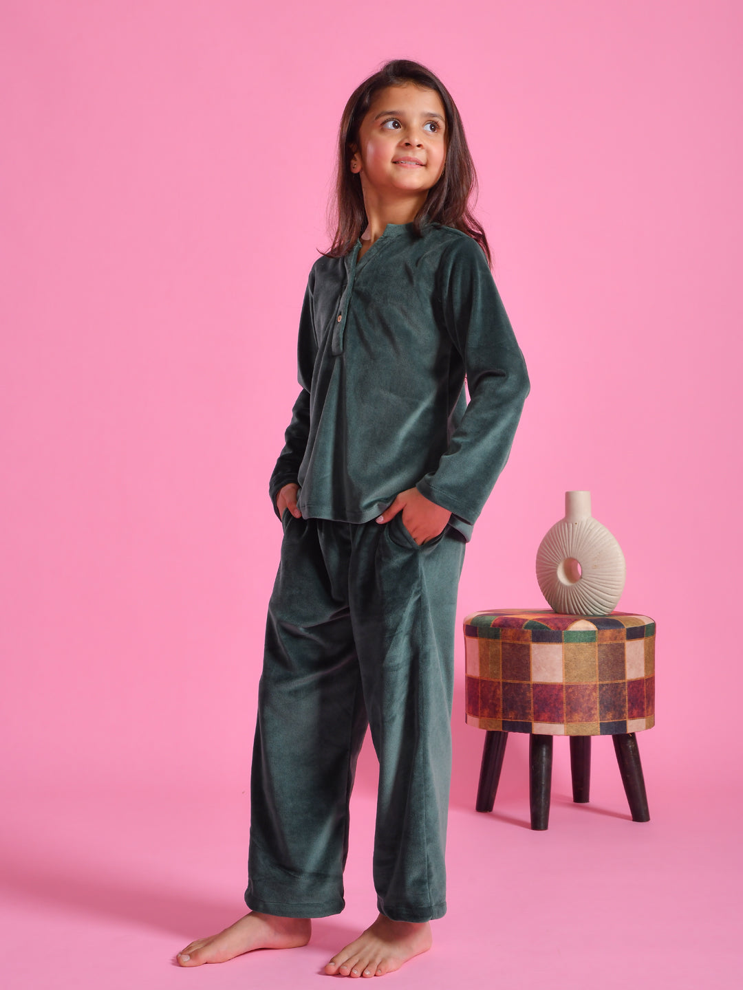 Green Velvet Round Neck Night Suit - SanskrutiHomes 