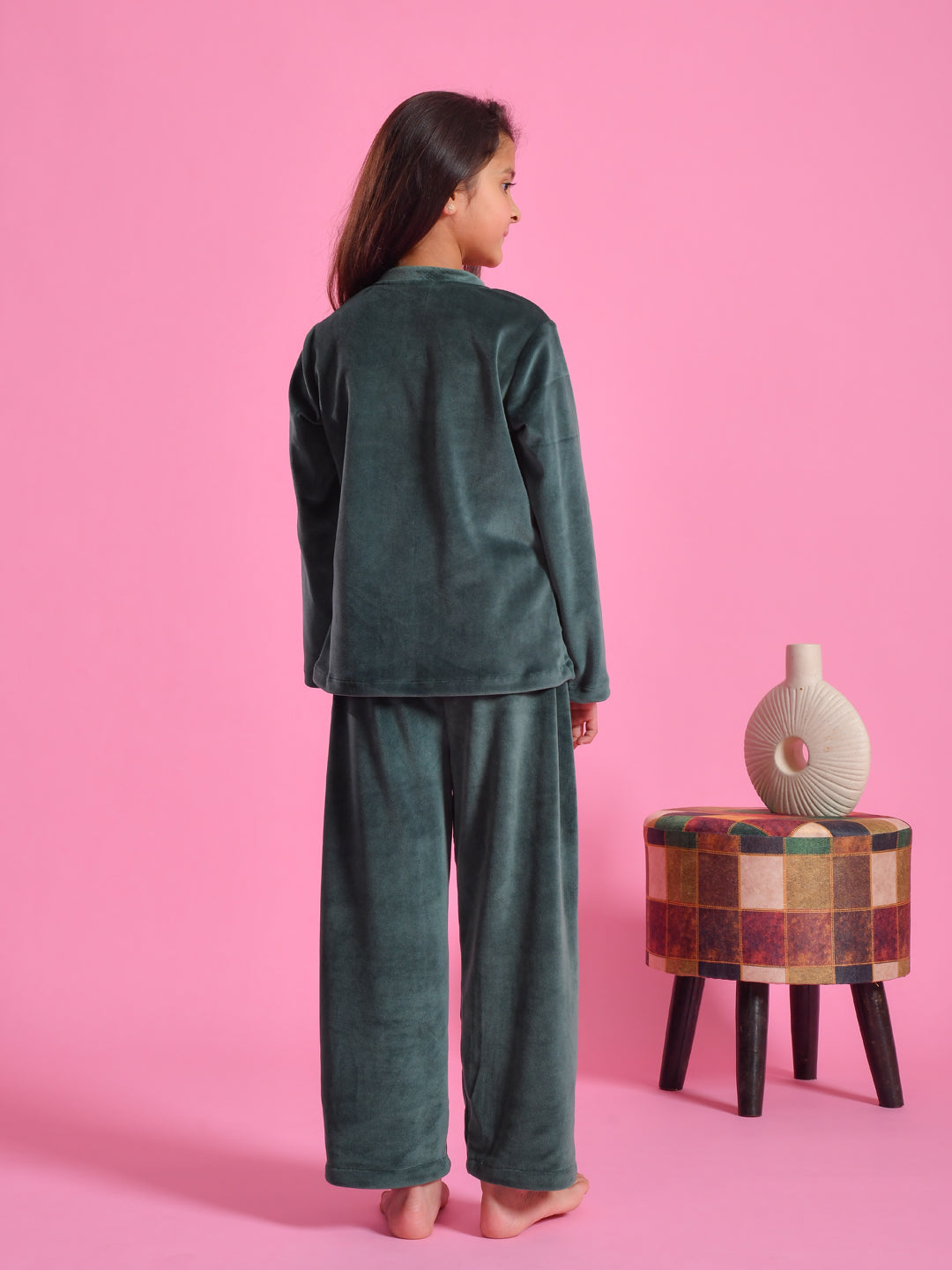 Green Velvet Round Neck Night Suit - SanskrutiHomes 