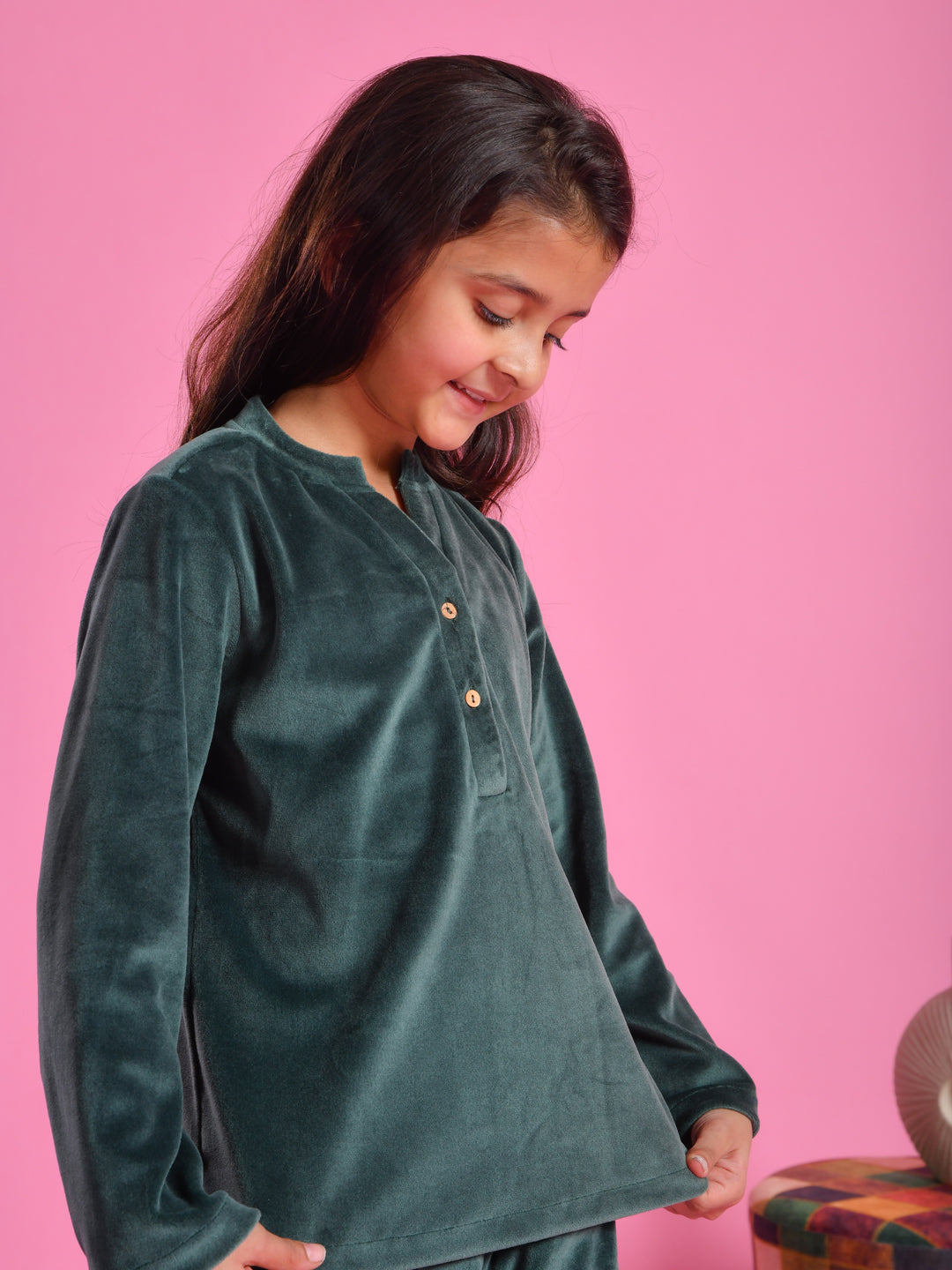 Green Velvet Round Neck Night Suit - SanskrutiHomes 