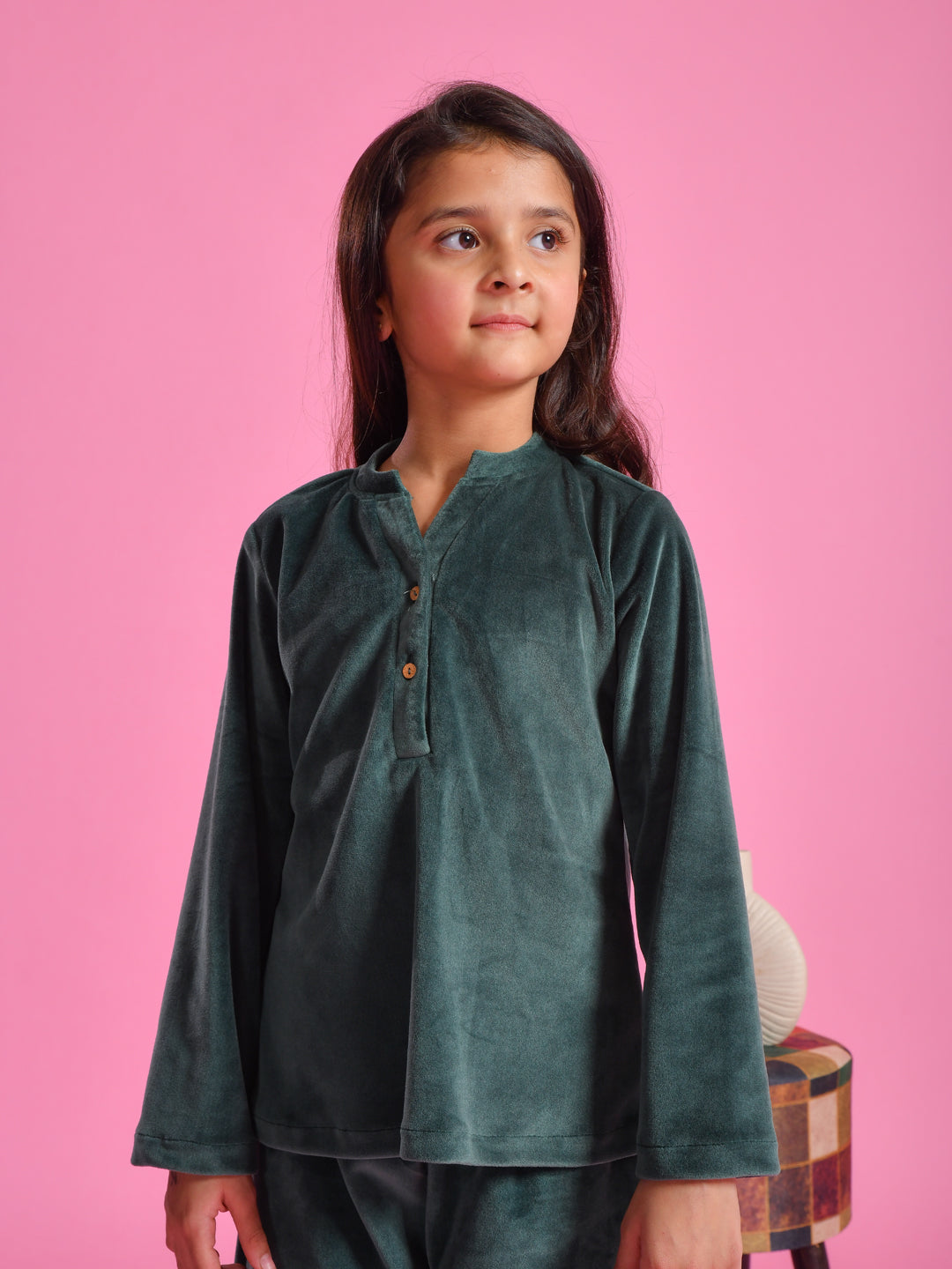 Green Velvet Round Neck Night Suit - SanskrutiHomes 