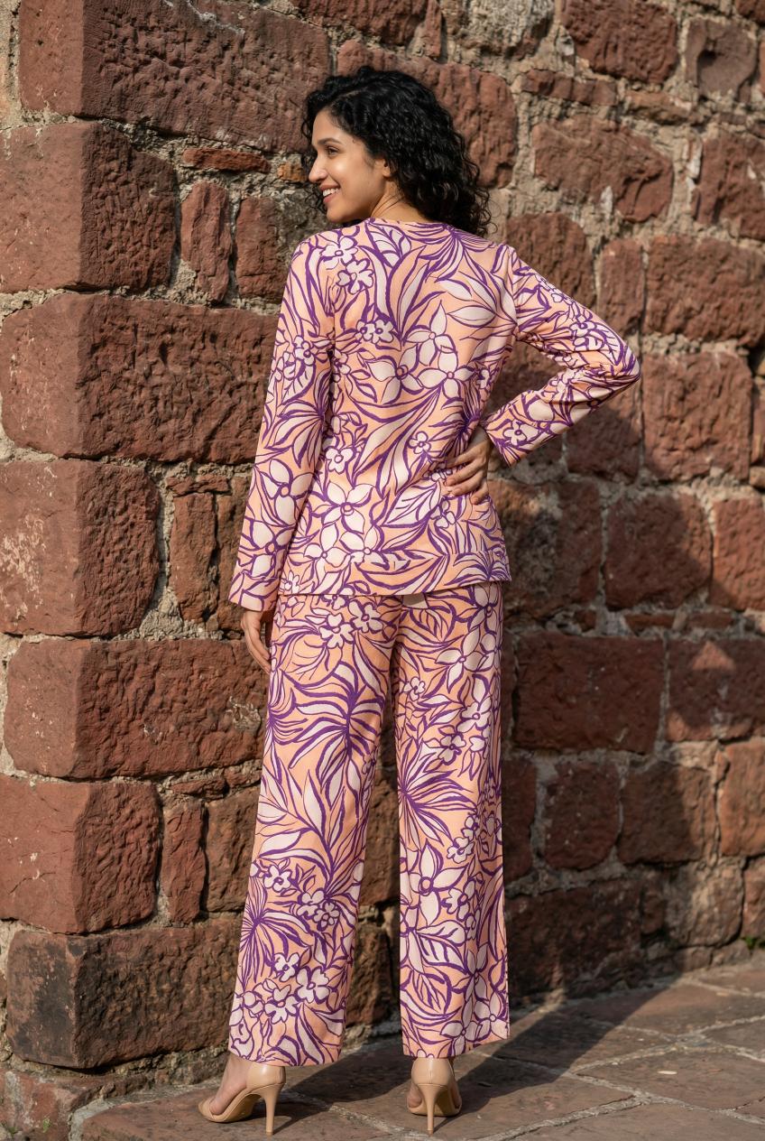 Lavender Abstract Print V-Neck Cotton Co Ord Set For Women