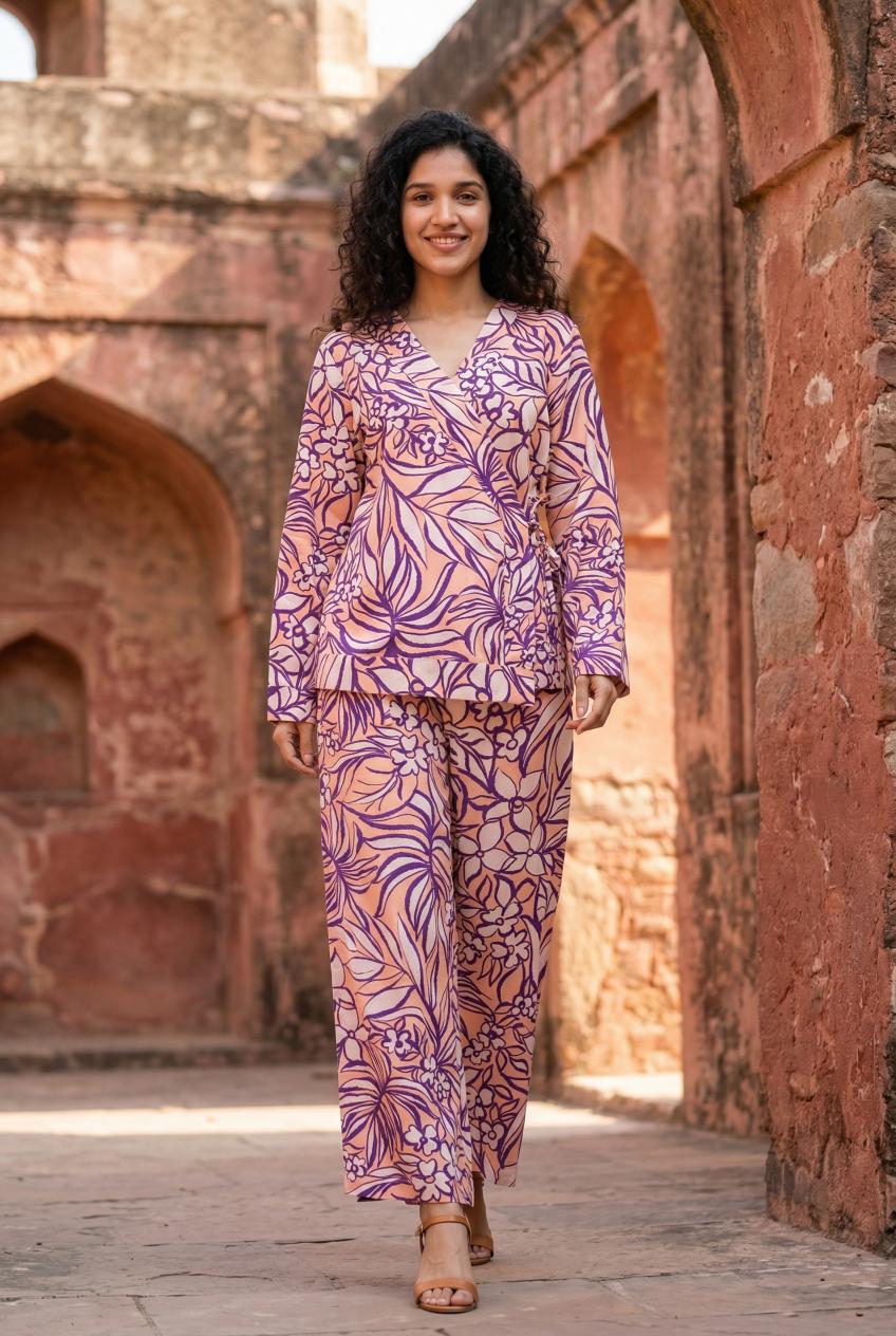 Lavender Abstract Print V-Neck Cotton Co Ord Set For Women