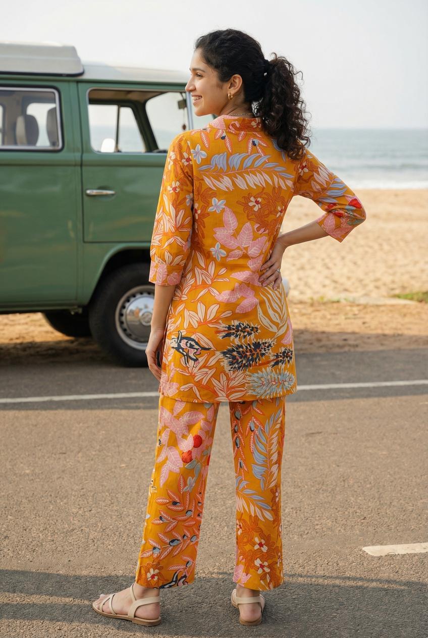 Orange Floral Print Pure Cotton Shirt With Trousers Co-Ord Set For Women