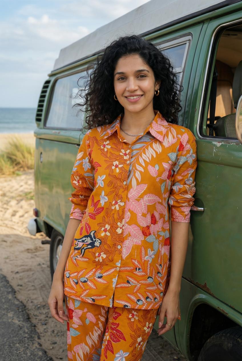 Orange Floral Print Pure Cotton Shirt With Trousers Co-Ord Set For Women