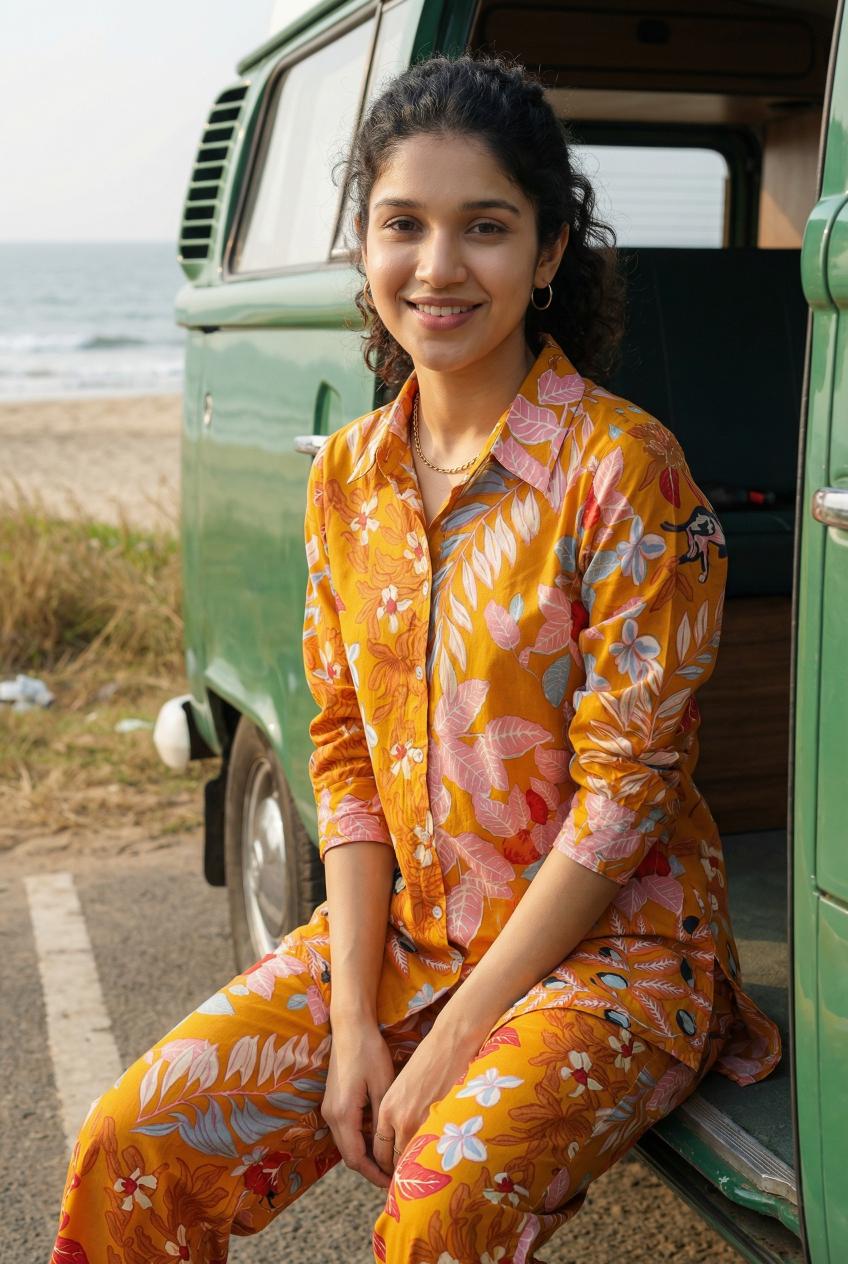 Orange Floral Print Pure Cotton Shirt With Trousers Co-Ord Set For Women