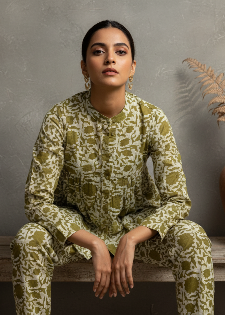 Olive Green Solid Printed Mandarin Collar Co-Ord Set for Women