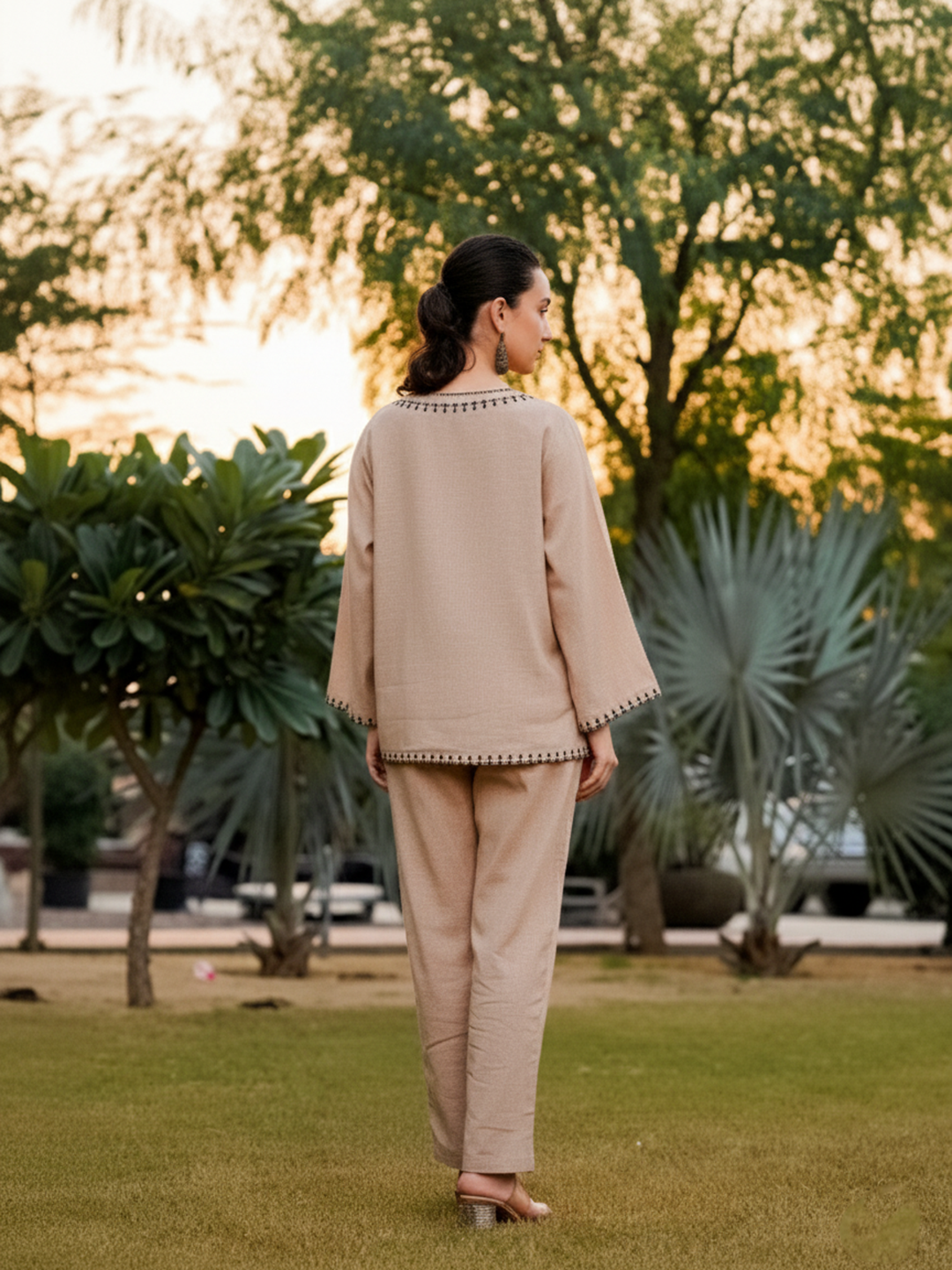 Beige Pure Cotton Solid V-Neck  Co-ords Set for Women