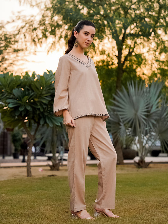 Beige Pure Cotton Solid V-Neck  Co-ords Set for Women