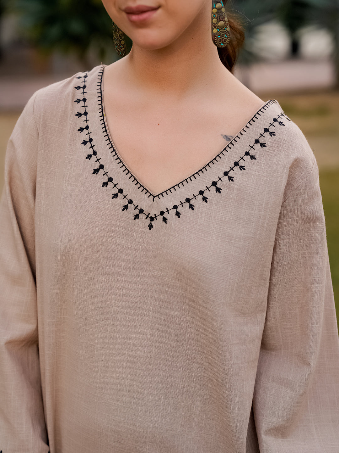 Beige Pure Cotton Solid V-Neck  Co-ords Set for Women