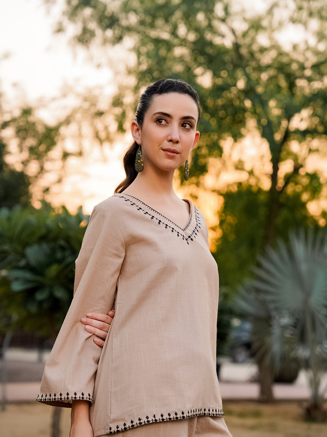 Beige Pure Cotton Solid V-Neck  Co-ords Set for Women