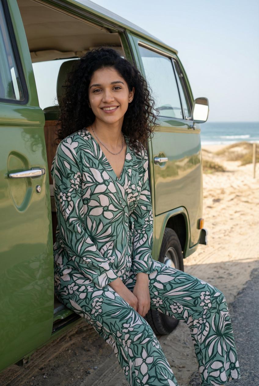 Green Floral Print Viscose Rayon Co-Ords Set For Women