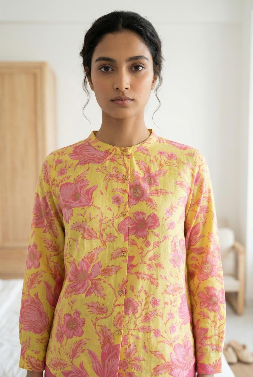 Mustard Mandarin Collar Printed Cotton Co-Ords Set For Women