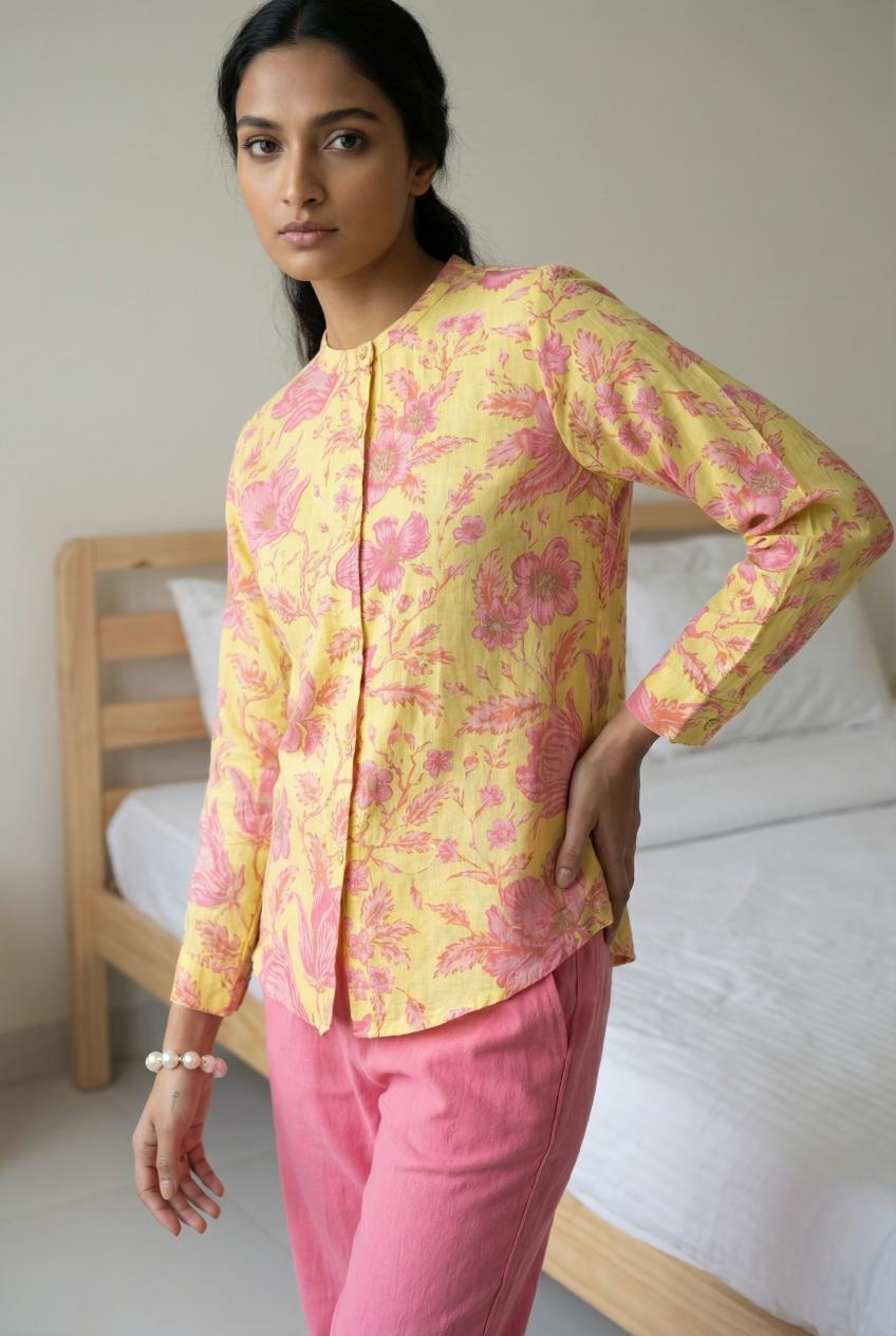 Mustard Mandarin Collar Printed Cotton Co-Ords Set For Women