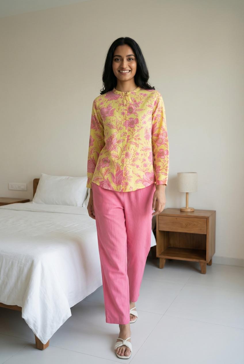 Mustard Mandarin Collar Printed Cotton Co-Ords Set For Women