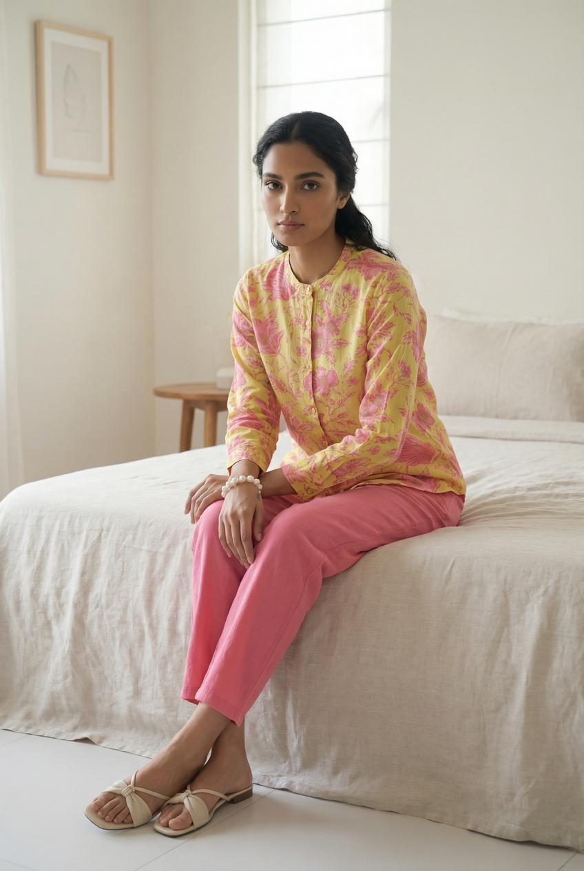 Mustard Mandarin Collar Printed Cotton Co-Ords Set For Women