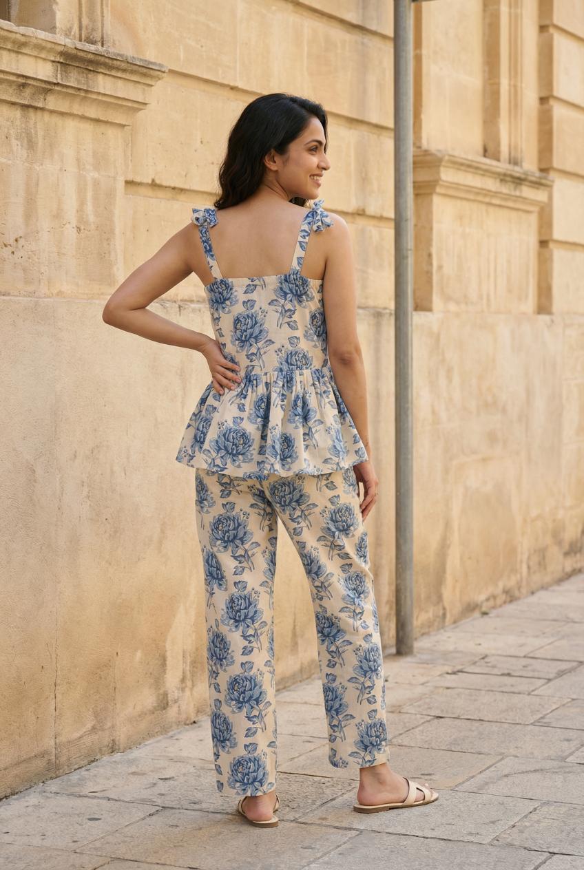 Blue Floral Printed Co Ord Set For Women