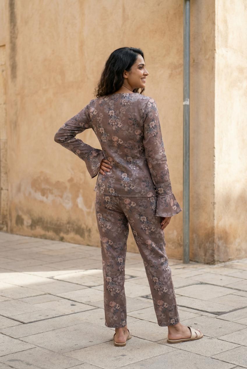 Grey Color Floral Print V-Neck Cotton Co-Ord Set For Women