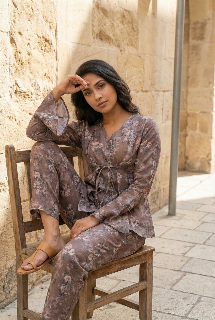 Grey Color Floral Print V-Neck Cotton Co-Ord Set For Women