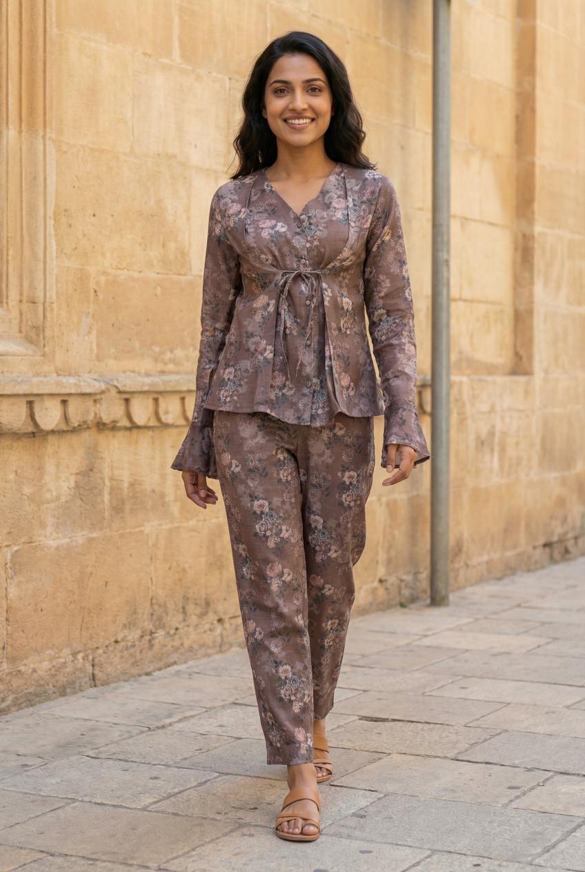 Grey Color Floral Print V-Neck Cotton Co-Ord Set For Women