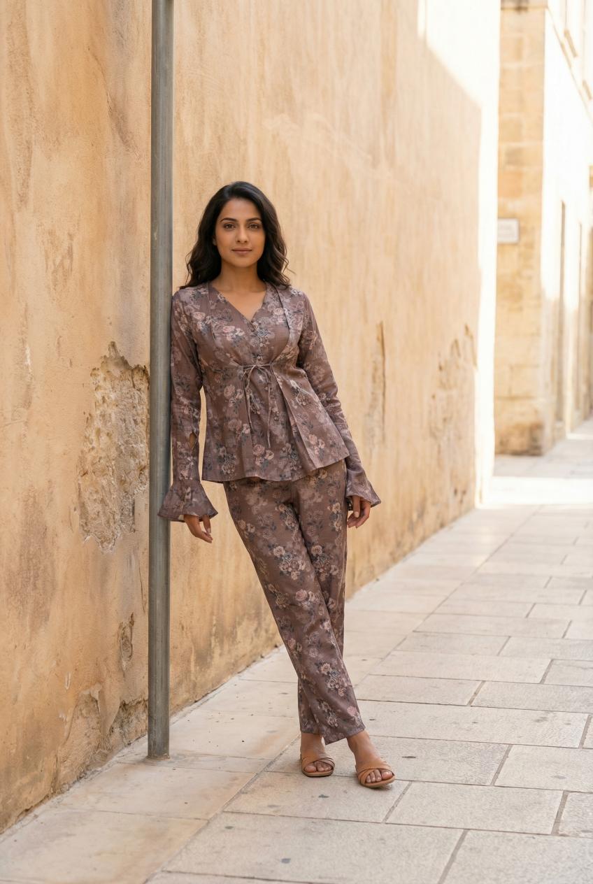 Grey Color Floral Print V-Neck Cotton Co-Ord Set For Women