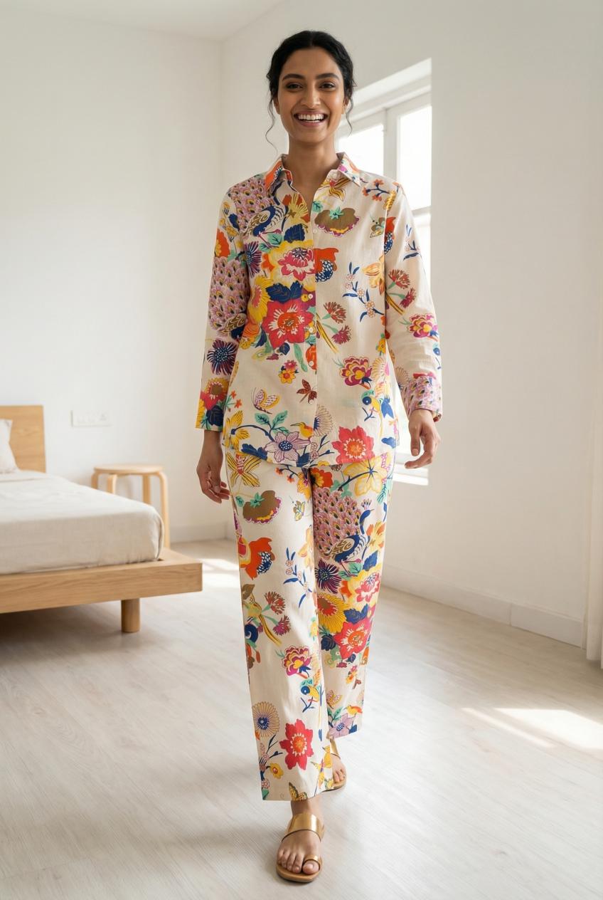 Off White Printed Shirt Collar Pure Cotton Co-Ords Set For Women