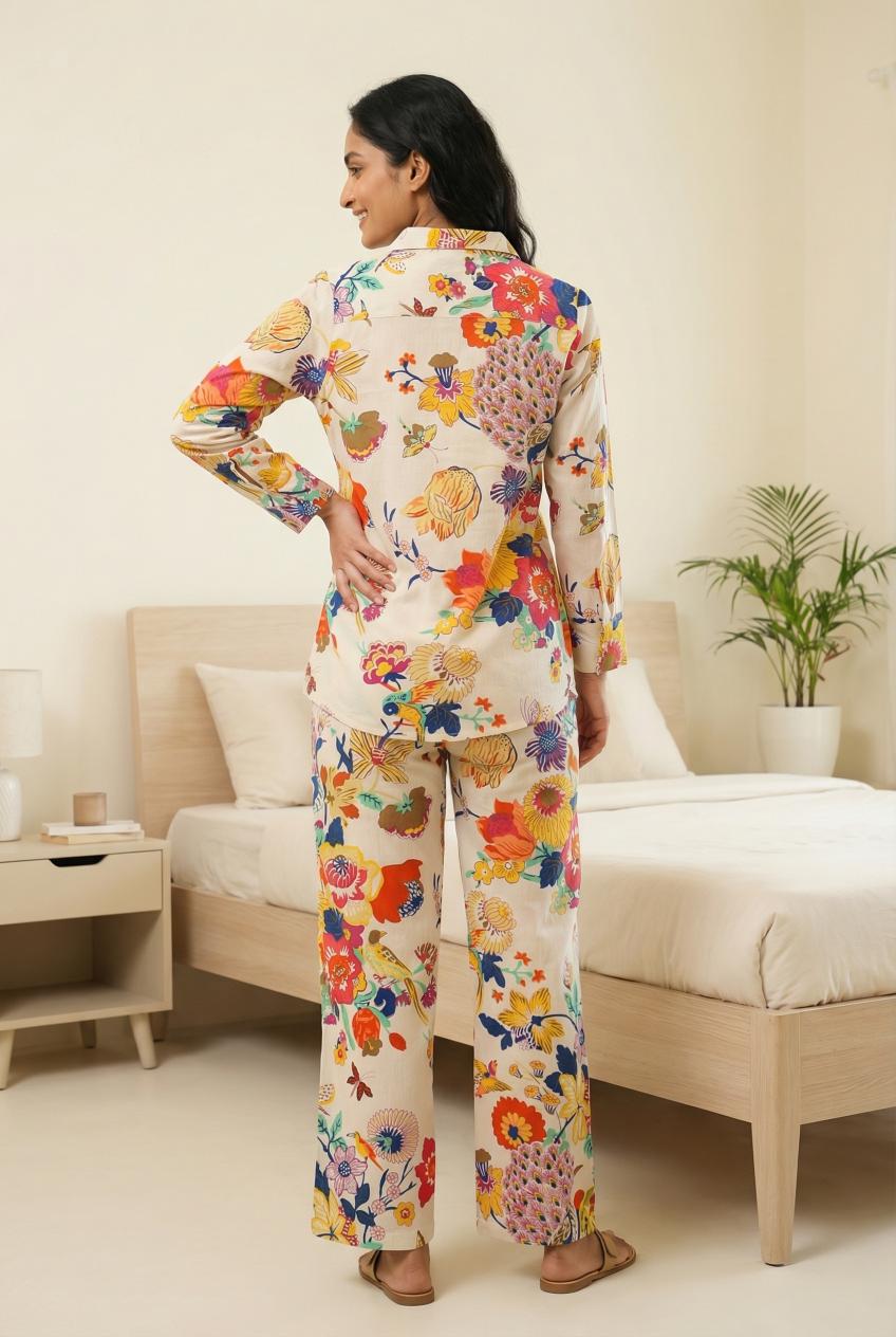 Off White Printed Shirt Collar Pure Cotton Co-Ords Set For Women