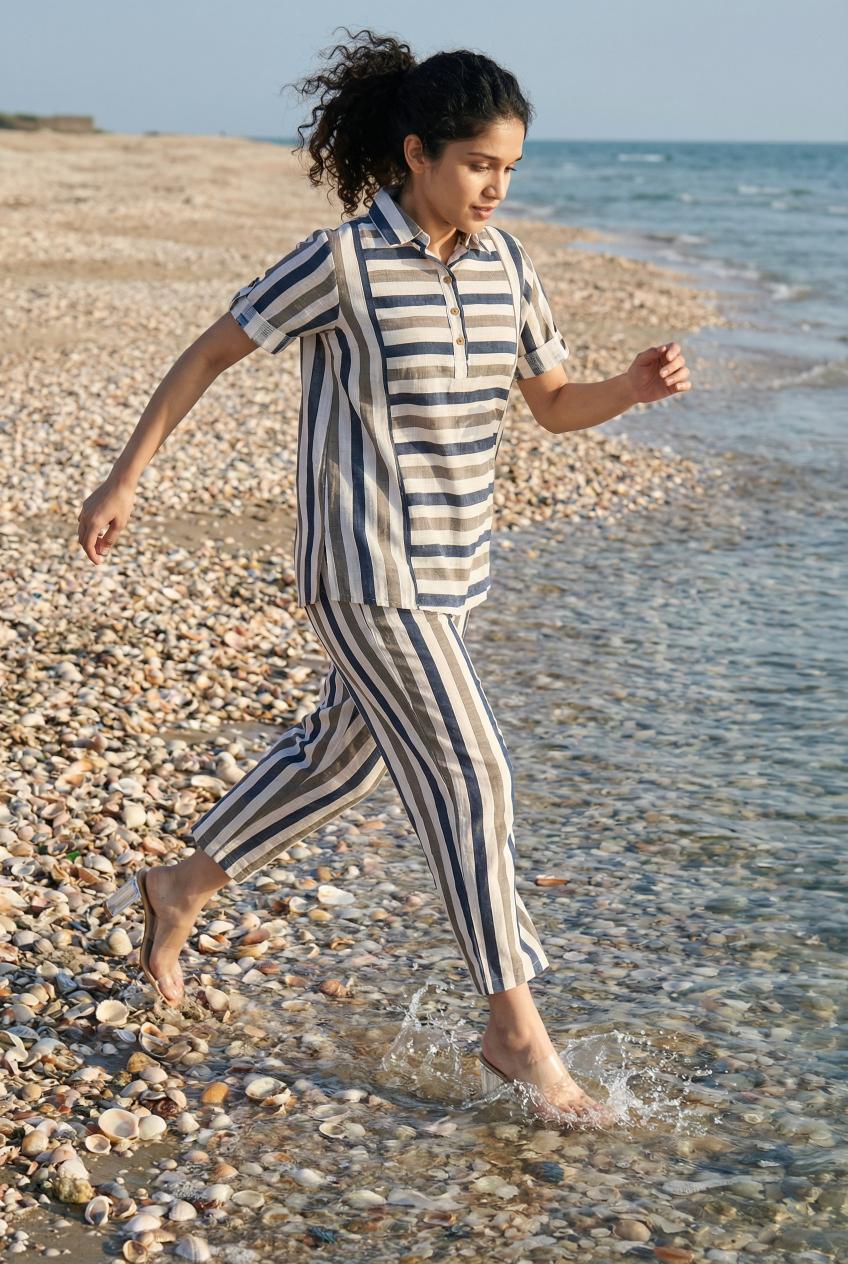 Blue Striped Co Ord Set For Women