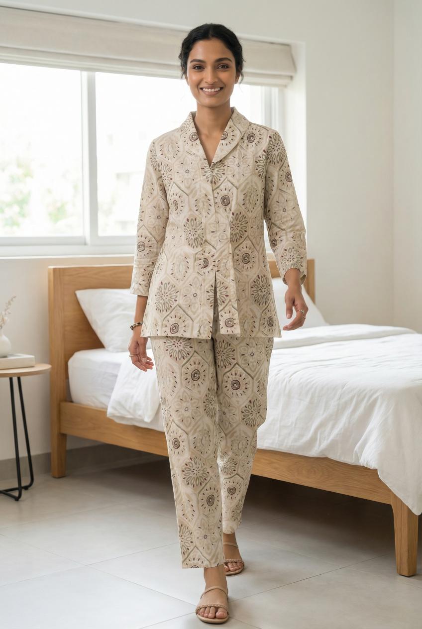 White Shawl Neck Printed Pure Cotton Co-Ords Set For Women