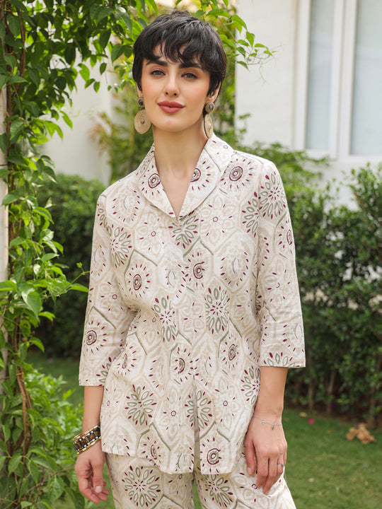 White Shawl Neck Pure Cotton Top Printed Co-ords Set for Women